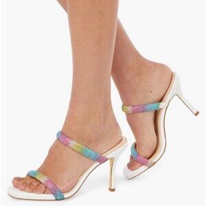 NIB Just Fab White Rainbow Rhinestone Heeled Sandals | Barbiecore Soft Girl Glam